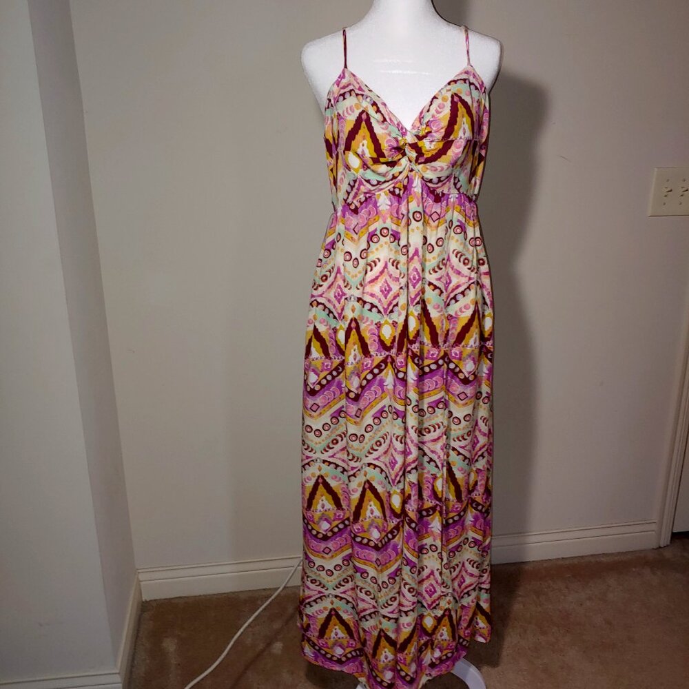 Rewind Sleeveless Twist Front Open Back Maxi Dress Abstract Print Size XL Pink